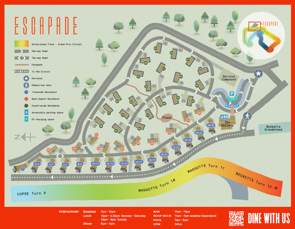 Map of the Escapade Silverstone site showing residences, The Gallery, parking and the Grand Prix circuit